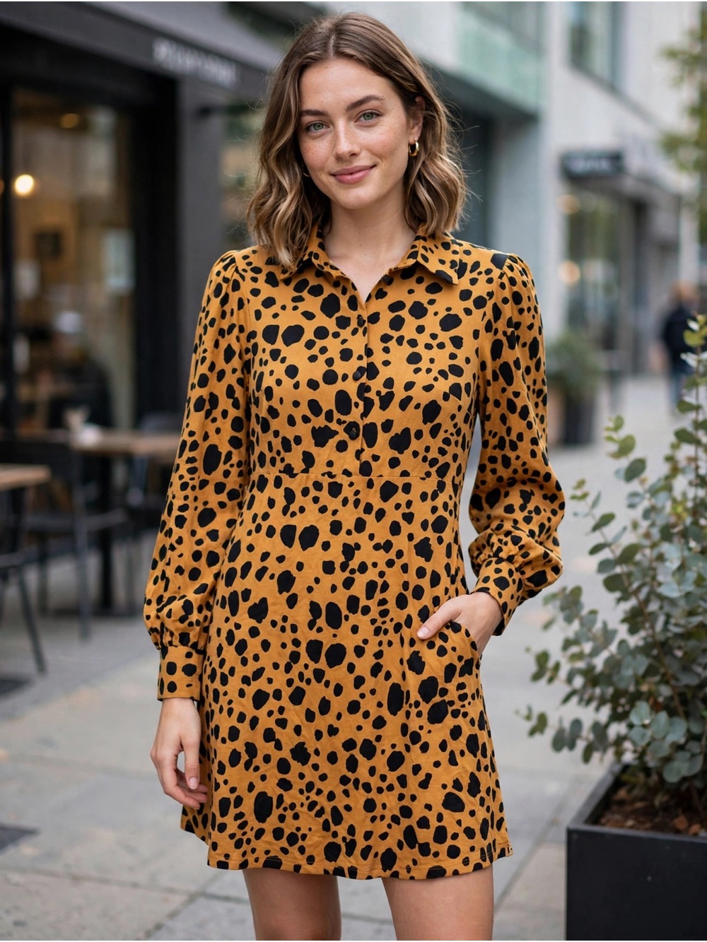ASOS Black Spot-Print Mustard Shirt Mini Dress
